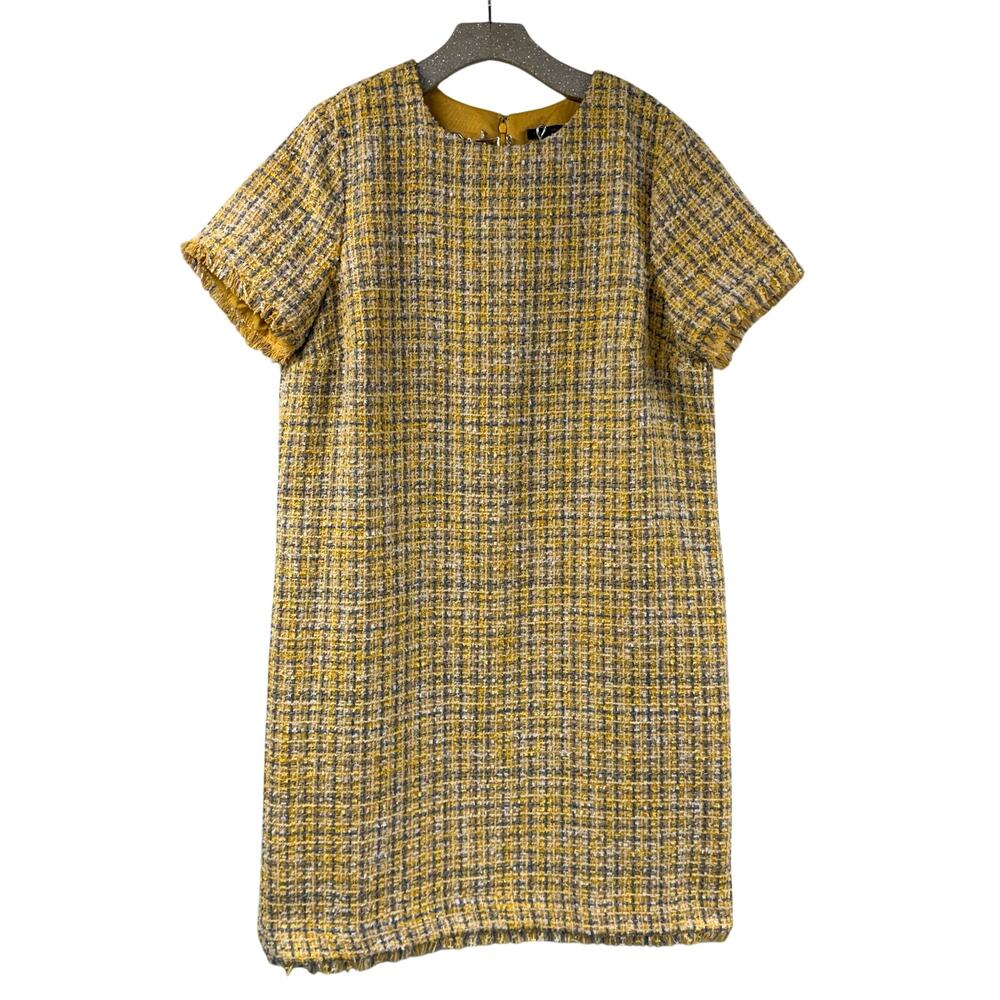 Ann Taylor Yellow Tweed Shift Dress 16 Knee Length Metallic Knit